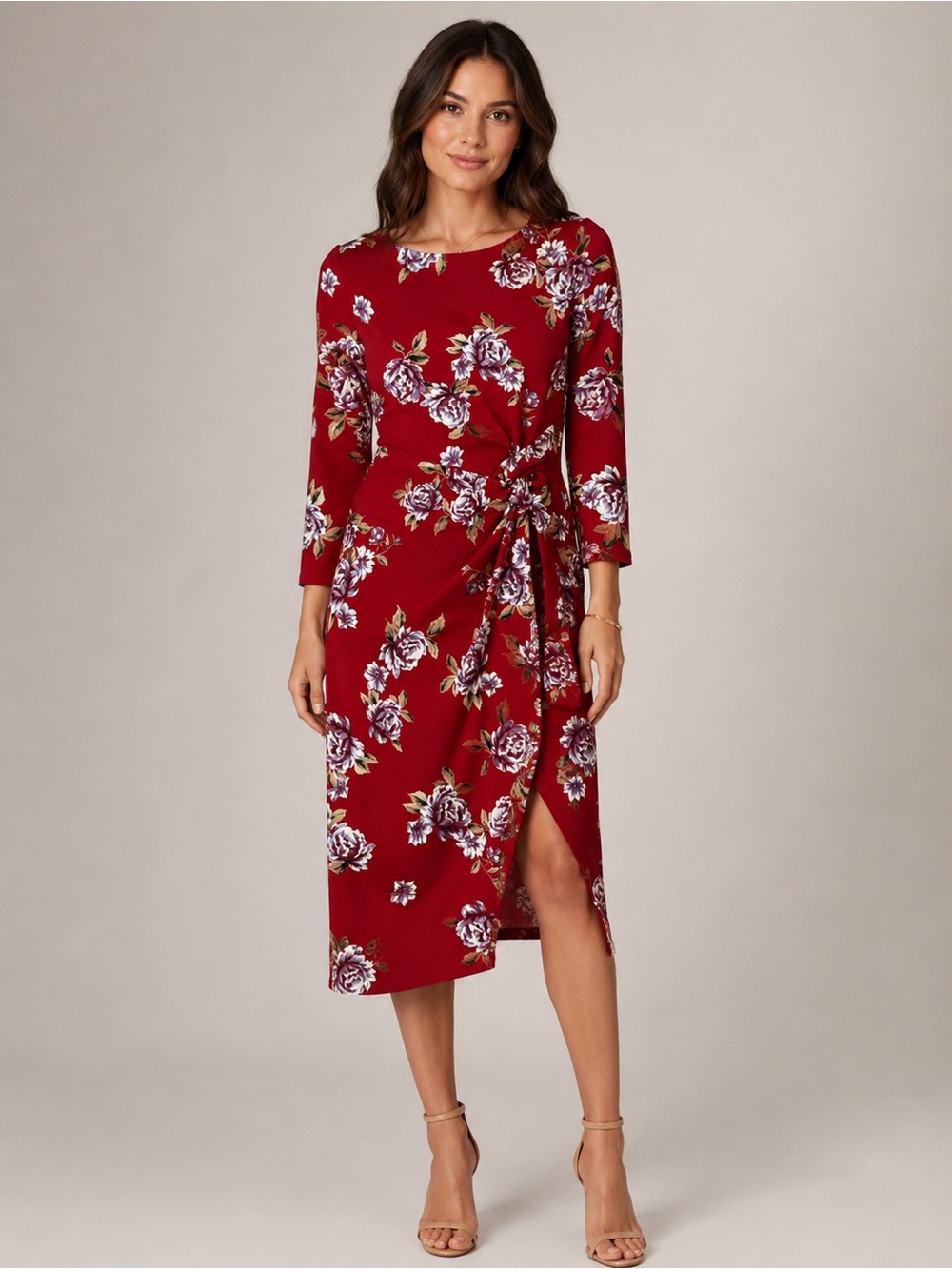 Socialite Red Floral Midi Dress with Side Twist